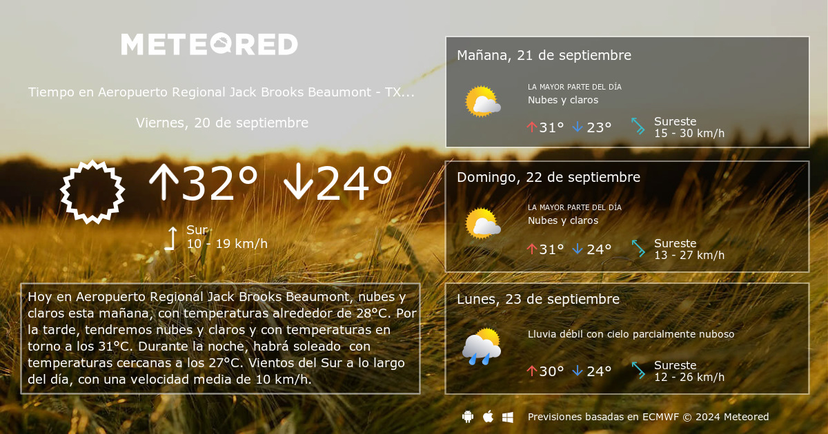 Tiempo en Aeropuerto Regional Jack Brooks Beaumont TX. Clima a