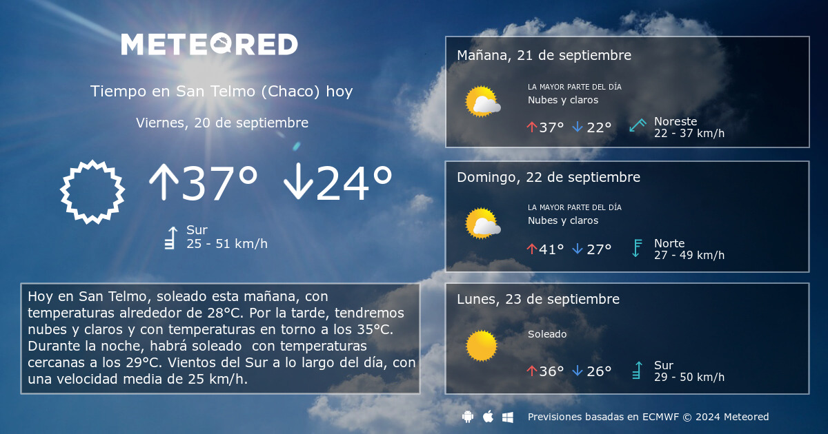 Tiempo en San Telmo Chaco . Clima a 14 d as Meteored